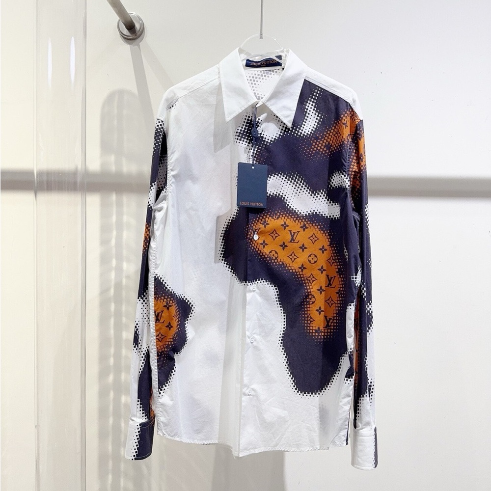 Authentic Louis Vuitton White and Black Dress Shirt with Orange Accents
